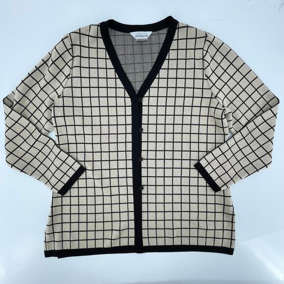 Misook Women's Cardigan Sweater, Sz. L Neutral Preppy Minimalist Windowpane - Picture 2 of 8